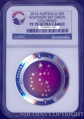 2014 1Oz Silver Domed Constellation Orion $5 NGC PF70 SOUTHERN SKY Coin - Image 1 of 3