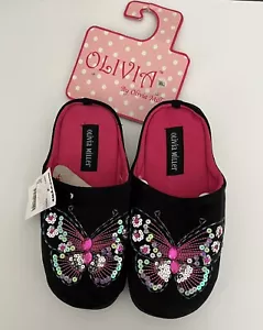 NWT Olivia Miller Womens Black Slip On Slippers Sequined Butterfly - Size Small - Picture 1 of 6