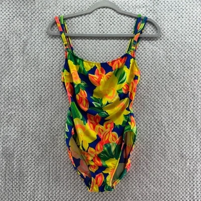 VTG La Blanca Swimsuit Women 14 Yellow Blue Floral One Piece Swimwear Pool Beach - Image 1 of 4