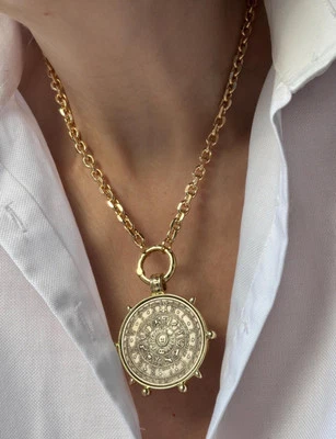 Collar de cadena relleno de oro moneda antigua medallón colgante de moneda de gran tamaño vintage Foto 1 de 4