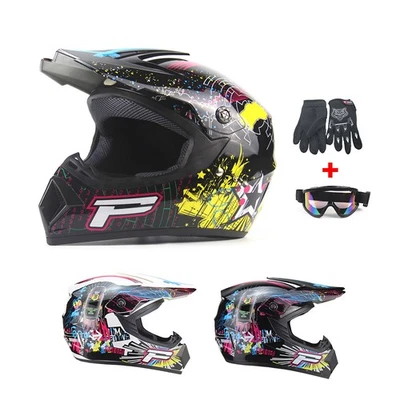 TJF Motocross Helm S，M，L Integralhelm Mit Cross Brille + Handschuhe Schwarz
