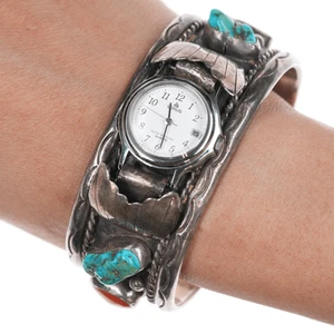7 1/8" David Garcia Santo Domingo silver, turquoise, and coral watch cuff - Picture 1 of 9