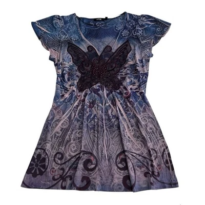 Apt 9 Y2K Babydoll Top Butterfly Embroidered Rhinestone Mesh Fairy Grunge Medium - Image 1 of 4