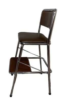 Silla Taburete Plegable Cosco Vintage - Metal Cromo y Vinilo Marrón - Cocina Foto 1 de 4