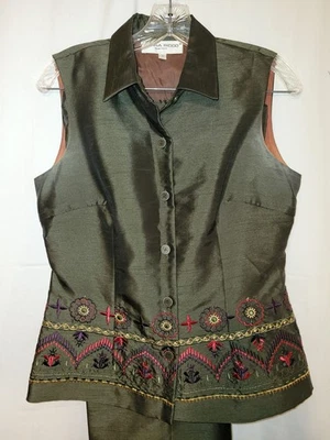 Conjunto de Pantalones de Diseñador Donna Ricco Vintage, Elegante Verde Oliva, Bordado, Talla 8 Foto 1 de 4