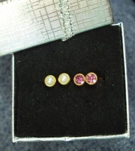 Vtg Lot/2 pr 1980's Estate Jewelry ~ Goldtone STUD Pierced Earrings ~ PINK PEARL - Picture 1 of 12