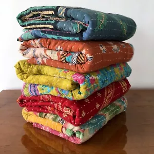 Lot 5 Pcs Single Vintage Quilt Bed Runner Kantha Vintage Bedspread Cotton - Picture 1 of 4