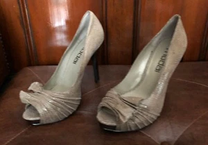 MODA SPANA Women's Black Snake Print Leather Peep Toe Heels Pumps Shoe Taupe 7 M - Picture 1 of 6