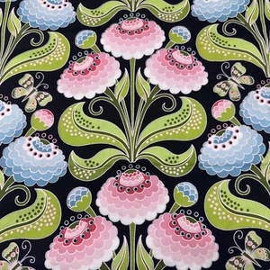 1/2 Yard Jane Sassaman Gartendiven JS 27 Zinnien Baumwollstoff schwarzer Hintergrund - Bild 1 von 4