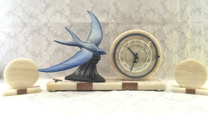 ANCIENNE PENDULE HORLOGE MECANIQUE ÉPOQUE ART DÉCO 1930 DÉCOR HIRONDELLE MARBRE - Picture 1 of 12