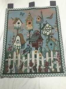 Tapestry Wall hanging Birdhouse Birds Butterflies and White Picket Fence 25x35" - Picture 1 of 9
