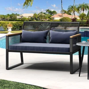 Outdoor Loveseat Bench With Blue Cushions Set Patio Balcony Furniture Clearance - Picture 1 of 5