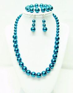 Dark Teal Green Glass Pearl w/Crystal Seed Bead Necklace/Bracelet/Earrings Set 