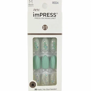 NEW Kiss Nails Impress Press On Manicure Medium Almond Gel Matte Mint Green Gems - Picture 1 of 2