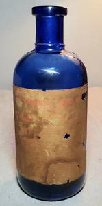 ANTIQUE BLUE GLASS POISON BOTTLE wLABEL ADVERTISING MERCK'S ACID CARBOLIC LIQUID - Picture 1 of 12
