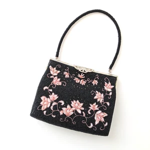 Japanese Vintage Beaded Evening Bag Lotus Flower Pattern Black/Pink 7x5 in" - Picture 1 of 19
