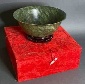 Vintage Chinese Green Spinach Jade Serving Bowl Translucent w/ Stand & Box 8" - Picture 1 of 12