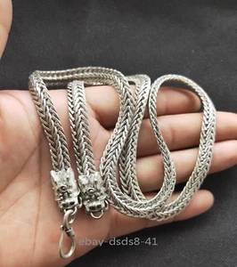 Squisita Collana Catena Statua Testa di Drago Intagliata Argento Tibet Rame - Foto 1 di 10