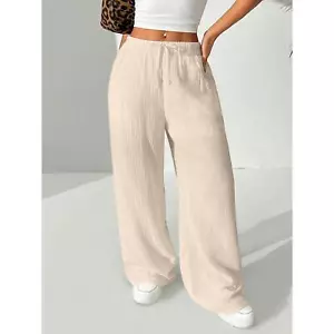 New Women's Drawstring Waist Texture Pocket Loose Casual Wide Leg Pants - Picture 1 of 5