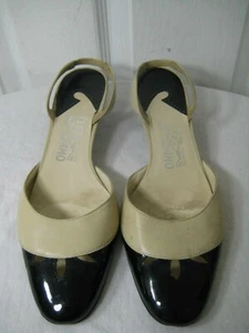 SALVATORE FERRAGAMO Black / Beige Slingback Sandals Shoes Women's Size 9.5 - Picture 1 of 11