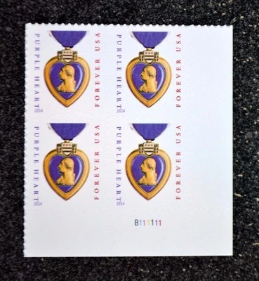 2015USA #5035 Forever Purple Heart  Plate Block of 4 Mint medal B111111 2014date - Image 1 of 3