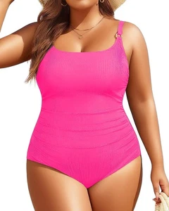 Damen Übergröße Einteiler Badeanzug Bauchkontrolle gerippt eckiger Ausschnitt rosa 20 - Bild 1 von 3