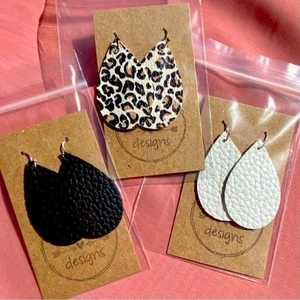 3 Pairs Faux Leather Teardrop Earrings Handmade Lightweight Black White Leopard - Picture 1 of 1