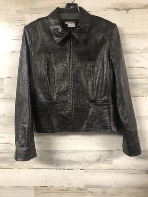 Chaqueta De Colección Carlisle Talla 10 Para Mujer Marrón Cuero Genuino Cremallera Edgy Retro Croc Embo Foto 1 de 4