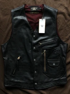 RRL Ralph Lauren Reynolds Riders Leather Vest Size M Black Length 65.6cm Unused - Picture 1 of 7