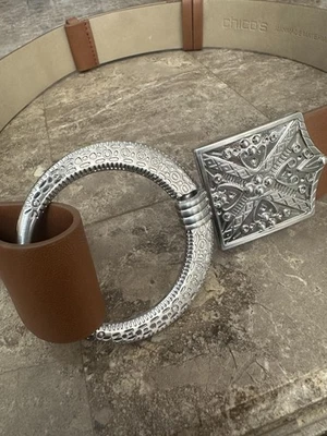 复古 Chicos 皮带女式 S/M 棕色宽表银色戒指扣腰波西米亚 — 第 1/4 张图片