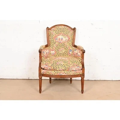 Baker Furniture Style French Regency Louis XVI Carved Walnut Bergere Armchair - Image 1 of 4