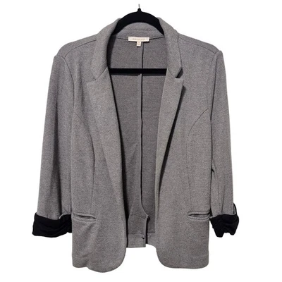 Chaqueta Blazer Skies Are Azul Medio Gris Tejido Texturizado Negro Borde Puños Oficina Foto 1 de 4