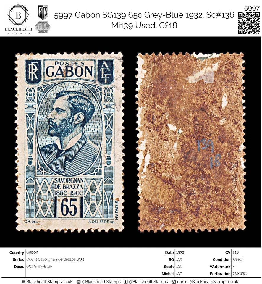 5997 Gabon SG139 65c Grey-Blue 1932. Sc#136 Mi139 Used. C£18 — 第 1/4 张图片