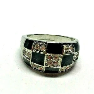 Vintage Silver Metal Black Square Stone Rhinestone Diamante Ring 1980' Size R - Picture 1 of 5