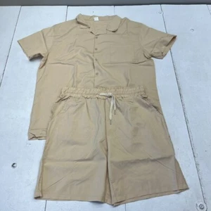 Beige 2 Piece Collared Button-Up & Drawstring Shorts Set Men's Size Large NEW - Picture 1 of 8