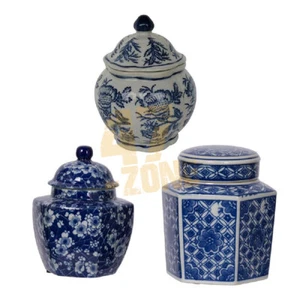 Porcelain S/3 Leith Blue White Decorative Jars Indoor Outdoor Home Decor - Picture 1 of 16