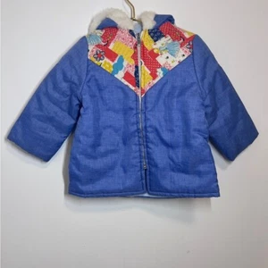 Vintage Kids Hooded Coat Blue with Patchwork - Picture 1 of 8