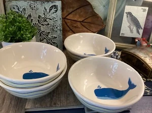 Shard PotteryRound Whale Design 6 3/4β Bowls Set Of 4 Nautical π³ - Picture 1 of 5