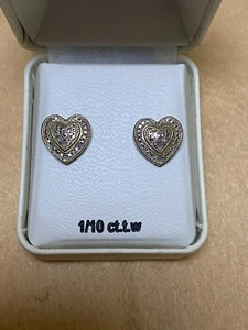 TwoToned Sterling Silver Heart Post Earrings 1/10 CTTW - Picture 1 of 4