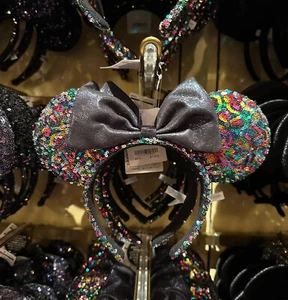 Tokyo Disney Parks Ears Sequins Micky & Minnie Black Rainbow JAPAN Headband - Picture 1 of 6