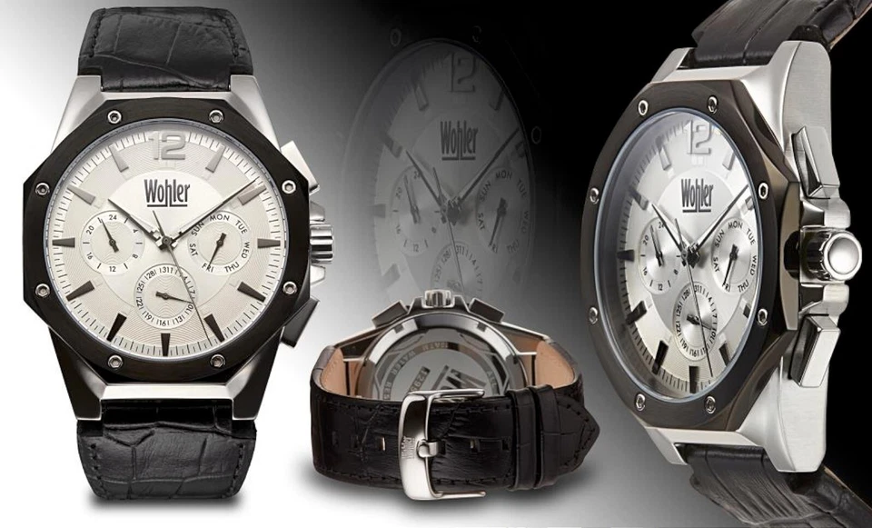NUEVO Reloj Wohler 1295M Christoph Series Multifunción Cuero Fecha Negro Cronógrafo Foto 1 de 1