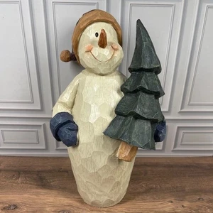 Vintage 2003 10,5" Schneemann hält einen Weihnachtsbaum Harz Feiertag Dekor - Bild 1 von 5