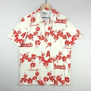 Reyn Spooner Los Angeles Angels Polo Shirt Mens Medium Beige Hawaiian Floral MLB - Picture 1 of 16