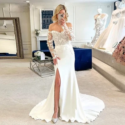 3D Floral Lace Wedding Dresses with Slit Off the Shoulder Long Sleeve Bridal - Image 1 of 4