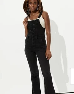 American Eagle Flared Overalls Black Sz 2long Next Level Stretch Retro Festival  - Picture 1 of 10