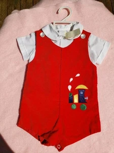 Vintage 1980s Baby Boy 12 Months Romper Embroidered Train 2 Piece Outfit NWT New - Picture 1 of 10