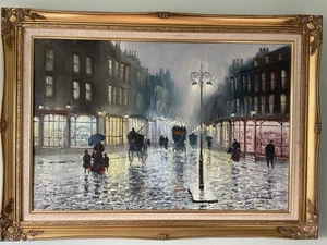 EDWARDIAN / VICTORIAN STREET SCENE LARGE JOHN BAMPFIELD ORIGINAL OIL PAINTING - Picture 1 of 5