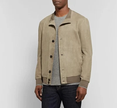 Men Beige Pure Suede Leather Jacket Slim Fit Trucker Jacket Custom Size S M L XL - Image 1 of 3