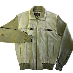 Vtg 80s Chartwell Men Gray SUEDE Leather MOD Jacket ROCKABILLY Knit Sweater Coat