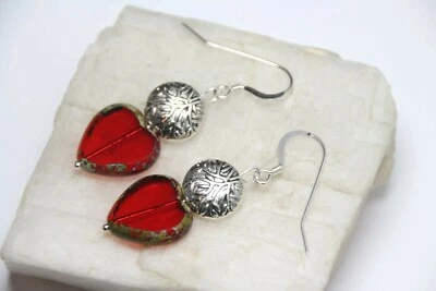 Red Heart Shape Glass Beads .925 Sterling Silver Earrings 1 7/8" Pewter Spacers - Image 1 of 4